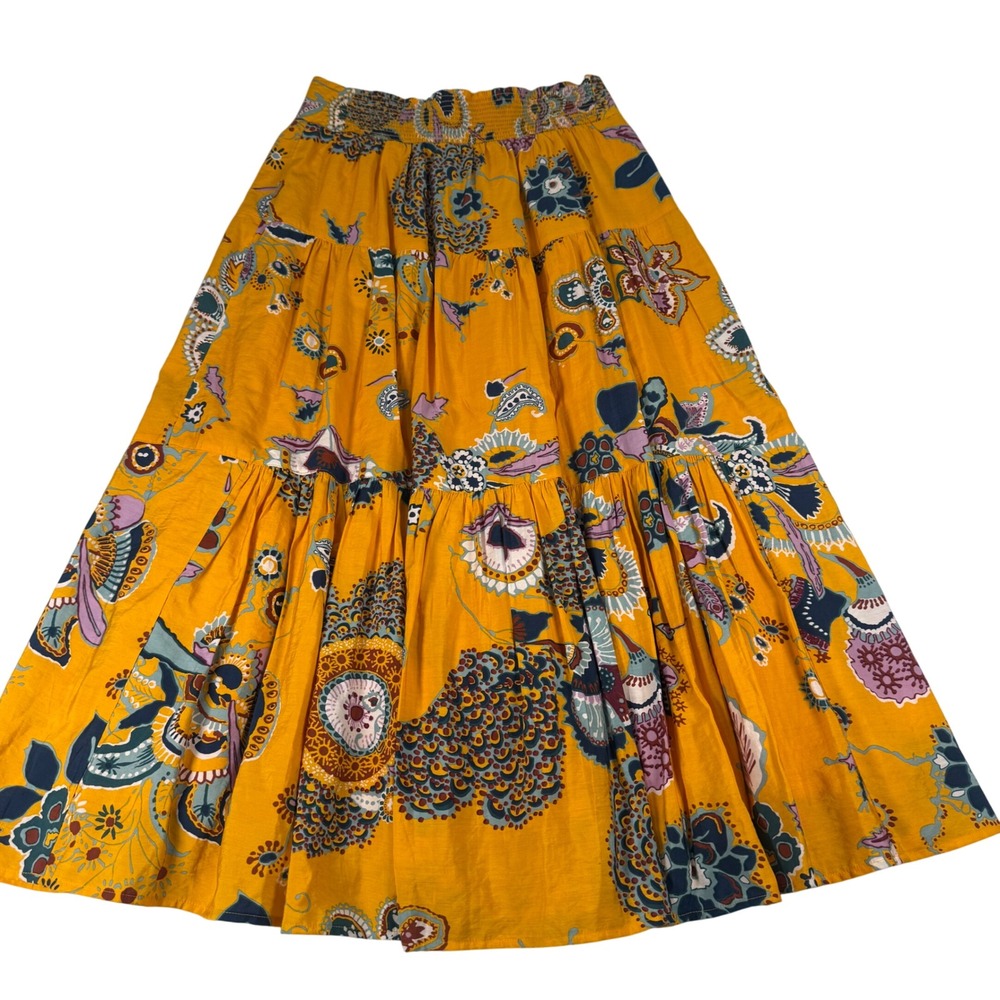 Anthropologie Maxi Skirt Womens Size S Yellow Floral Viscose Boho Tiered Smocked